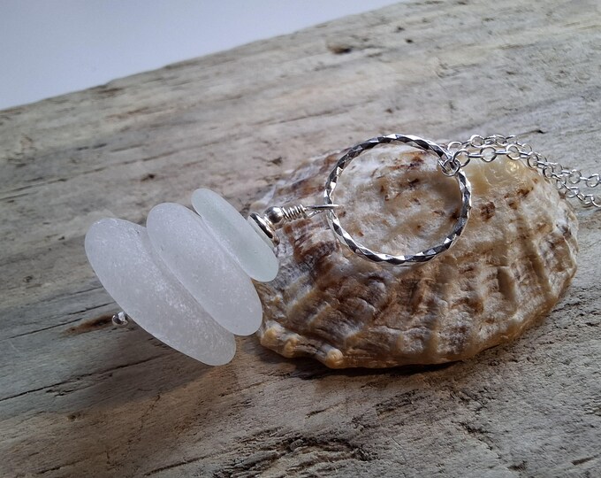 White & Seafoam Portreath Sea Glass Stack on Diamond Cut Ring Necklace