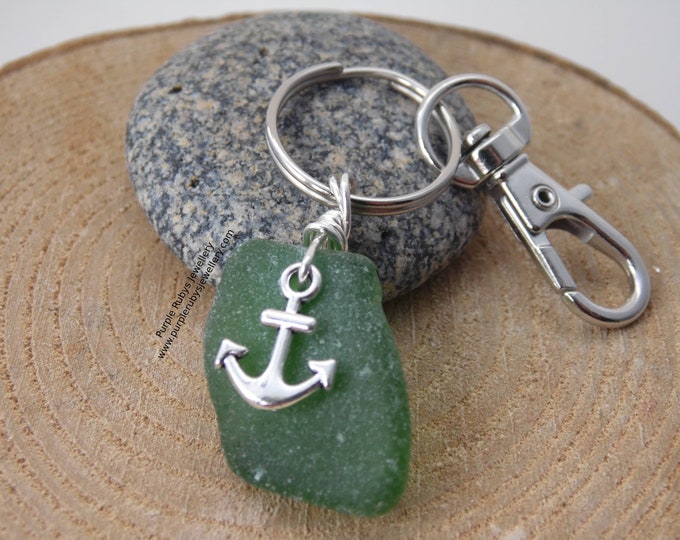 Bright Green Sea Glass with Anchor Charm ~ Bag Charm ~ Key Ring