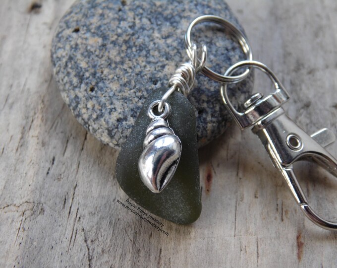 Olive Green Cornish Sea Glass with Seashell Charm ~ Bag Charm ~ Key Ring