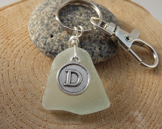 Initial 'D' Seafoam Cornish Sea Glass ~ Bag Charm ~ Key Ring