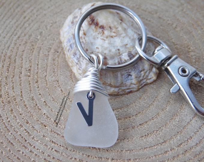 Initial 'V' White Cornish Sea Glass ~ Bag Charm ~ Key Ring