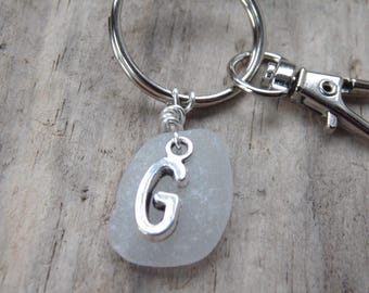 Initial 'G' White Cornish Sea Glass ~ Bag Charm ~ Key Ring