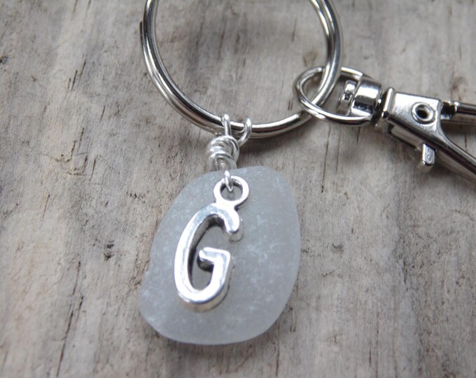Initial 'G' White Cornish Sea Glass ~ Bag Charm ~ Key Ring
