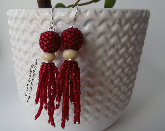 Deep Red Tassel Boho Beaded Earrings