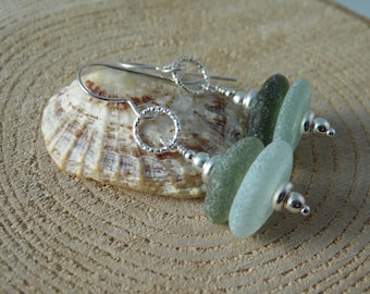 Olive Green & Seafoam Marazion Sea Glass Stack on Diamond Cut Rings Earrings