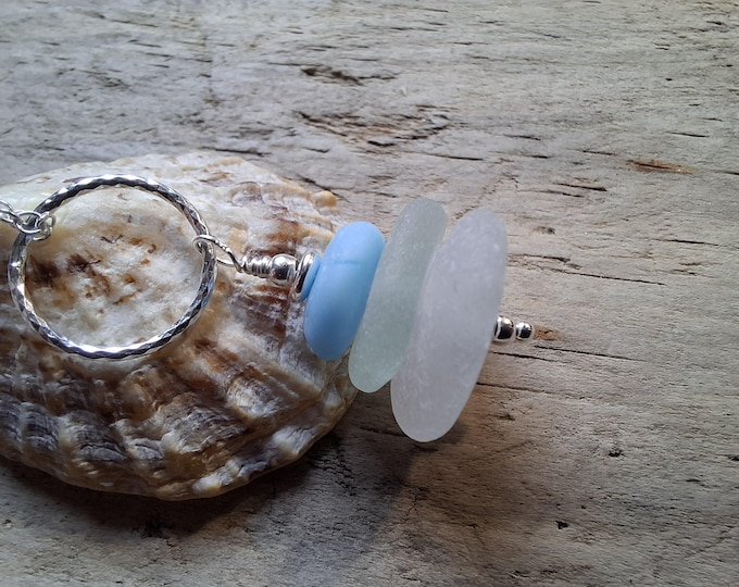 Light Blue Milk Glass, White, Seafoam Marazion Sea Glass Stack on Diamond Cut Ring Necklace