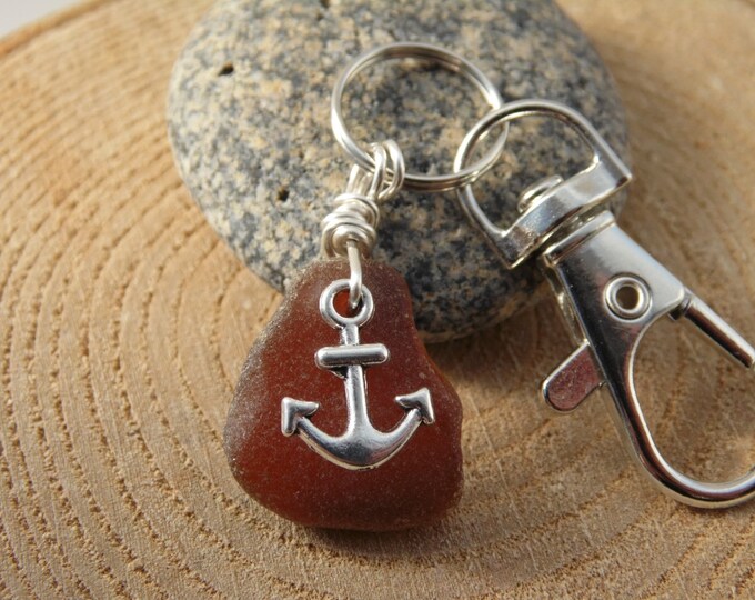Amber Cornish Sea Glass with Anchor Charm ~ Bag Charm ~ Key Ring
