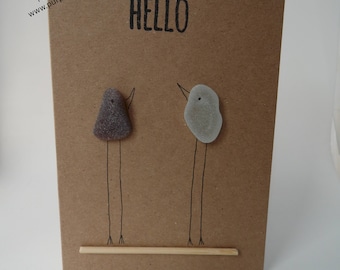 Two Long Legged Sea Glass Birds on a Perch 'Hello' Card