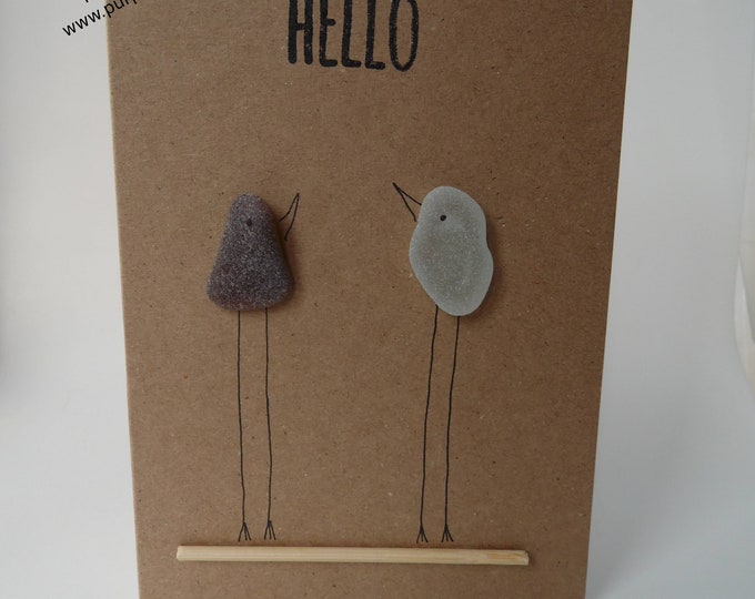 Two Long Legged Sea Glass Birds on a Perch 'Hello' Card