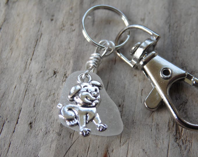 White Cornish Sea Glass with Dog Charm Key Ring ~ Bag Charm