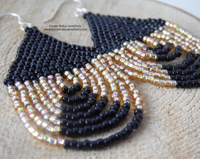 Art Deco Black & Gold Beaded Teardrop Earrings