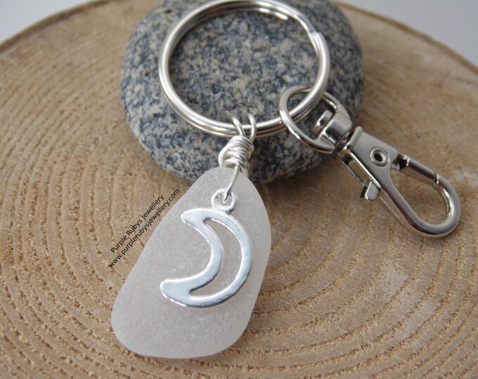 White Cornish Sea Glass with Moon Charm ~ Bag Charm ~ Key Ring