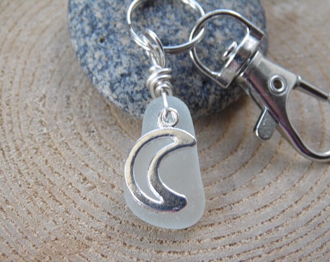 White Cornish Sea Glass with Crescent Moon Charm ~ Bag Charm ~ Key Ring