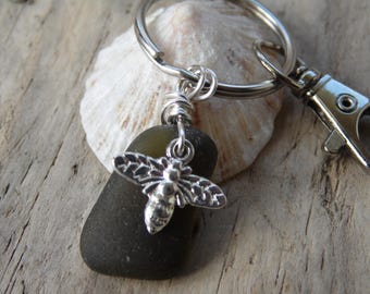 Olive Green Cornish Sea Glass with Bee Charm Key Ring ~ Bag Charm