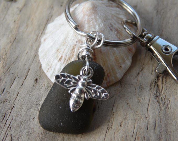 Olive Green Cornish Sea Glass with Bee Charm Key Ring ~ Bag Charm