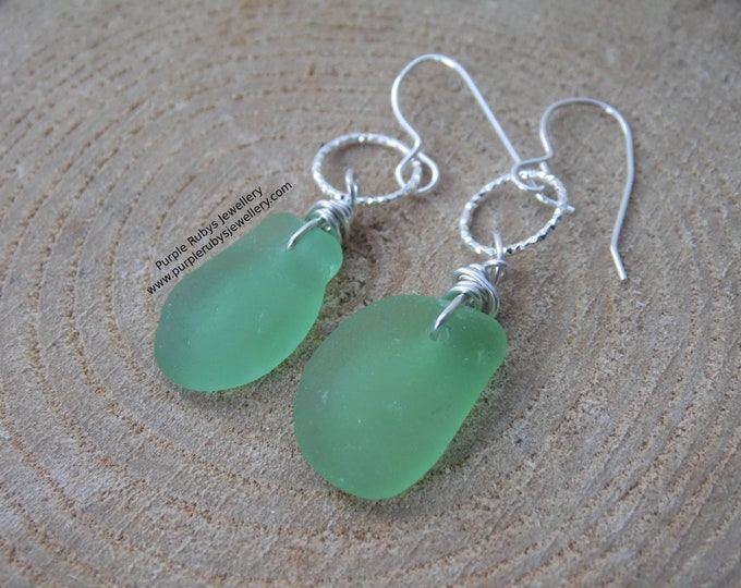 Bright Pale Green Mermaids Tears Cornish Sea Glass Earrings on Diamond Cut Rings