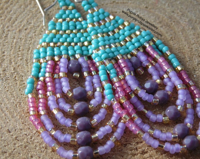 Turquoise, Gold, Pink & Lilac Beaded Teardrop Earrings