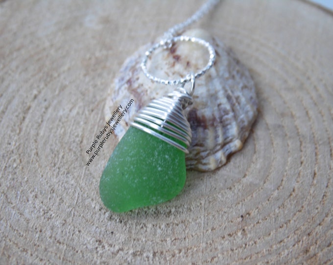 Bottle Green Marazion Sea Glass on Diamond Cut Ring Necklace