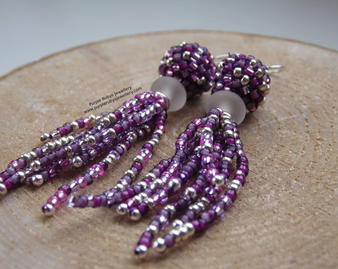 Purple & Gold Mix Tassel Boho Beaded Earrings