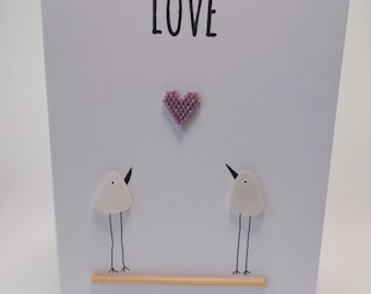 Sea Glass Birds Matt Lilac Heart Love Valentines Wedding Engagement Card