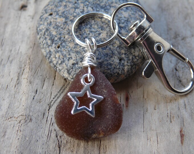 Amber Cornish Sea Glass with Star Charm ~ Bag Charm ~ Key Ring