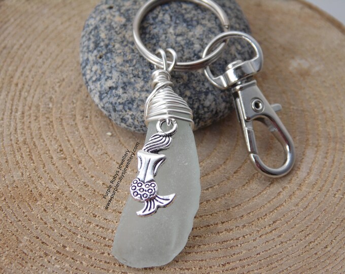 Seafoam Cornish Sea Glass with Mermaid Charm ~ Bag Charm ~ Key Ring