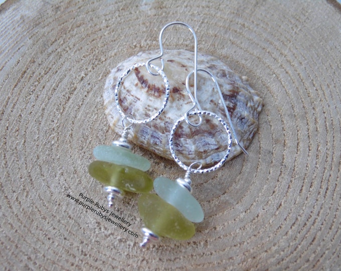 Lemon Lime & Seafoam Portreath Sea Glass Stack in on Diamond Cut Rings Earrings