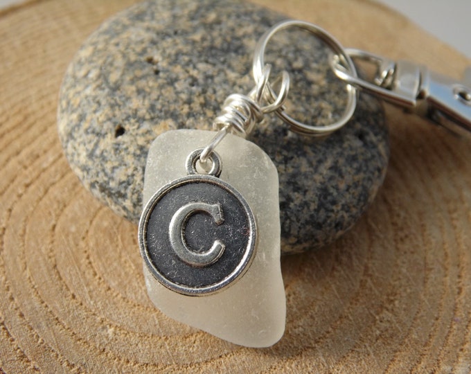 Initial 'C' White Cornish Sea Glass ~ Bag Charm ~ Key Ring