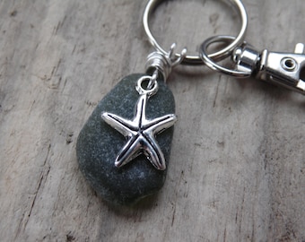 Olive Green Marazion Sea Glass with Starfish Charm ~ Bag Charm ~ Key Ring