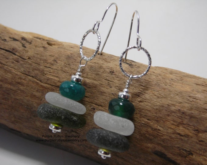 Penzance Portreath Sea Glass Stack in White & Olive Green on Diamond Cut Rings Earrings