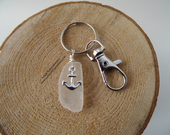 White Sea Glass with Anchor Charm ~ Bag Charm ~ Key Ring