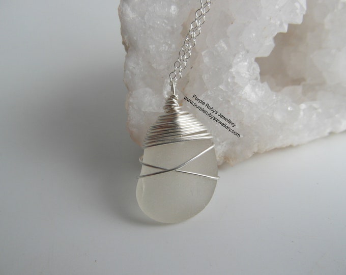 White Cross Wrapped Cornish Sea Glass Necklace