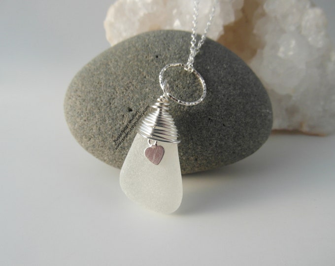 White Cornish Sea Glass Necklace with Heart Charm and Diamond Cut Ring