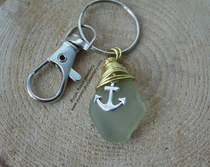 Pale Green Sea Glass with Anchor Charm ~ Bag Charm ~ Key Ring