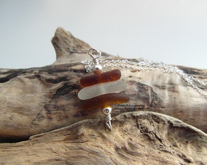 Ambers and White Cornish Sea Glass Stack Necklace