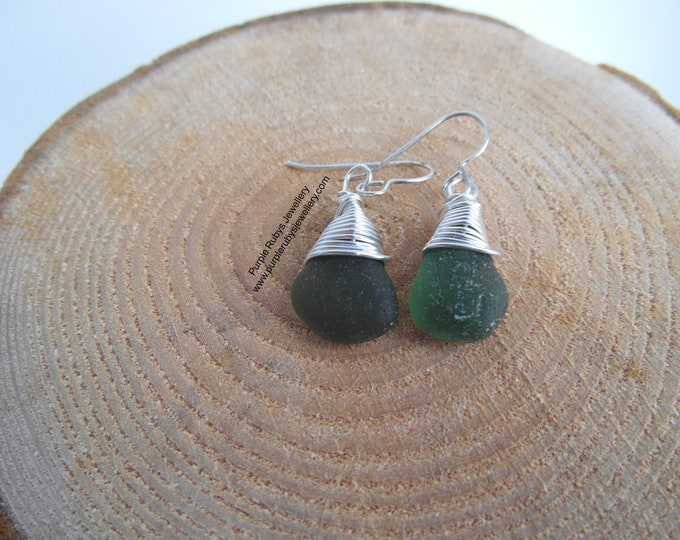 Deep Olive Green Mermaids Tears Cornish Sea Glass Earrings