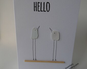 Long Legged White Sea Glass Birds on a Perch 'Hello' Card