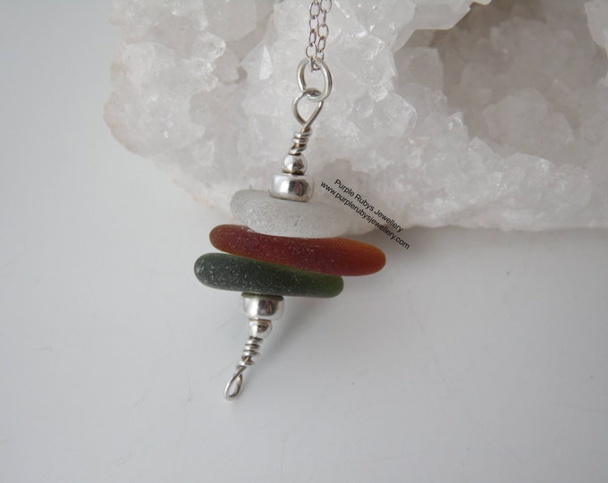 White, Amber & Olive Cornish Sea Glass Stack Necklace