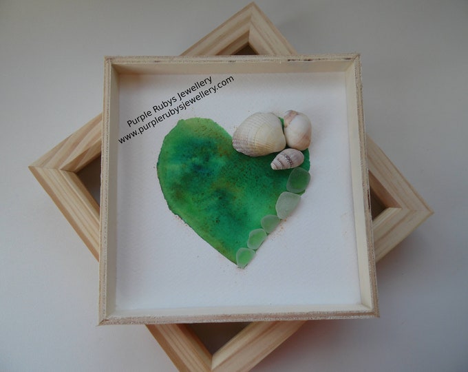 Sea Green Tones Tie-Dye Heart of Cornwall Sea Glass, Sea Shell Picture