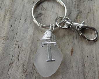 Initial 'T' White Cornish Sea Glass ~ Key Ring ~ Bag Charm