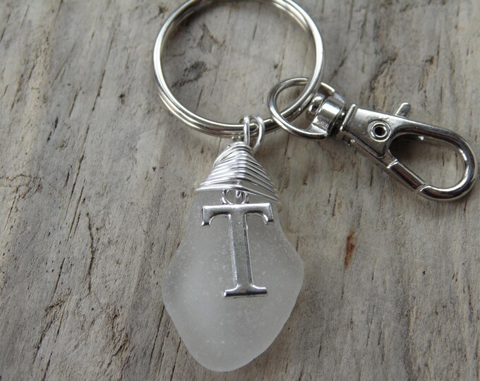 Initial 'T' White Cornish Sea Glass ~ Key Ring ~ Bag Charm
