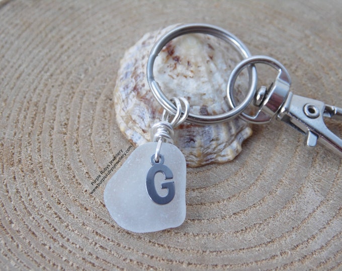 Initial 'G' White Cornish Sea Glass ~ Bag Charm ~ Key Ring