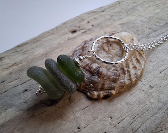 Deep Olive Greens Marazion Sea Glass Stack on Diamond Cut Ring Necklace