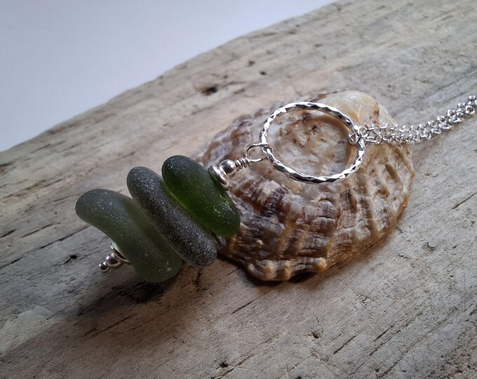Deep Olive Greens Marazion Sea Glass Stack on Diamond Cut Ring Necklace