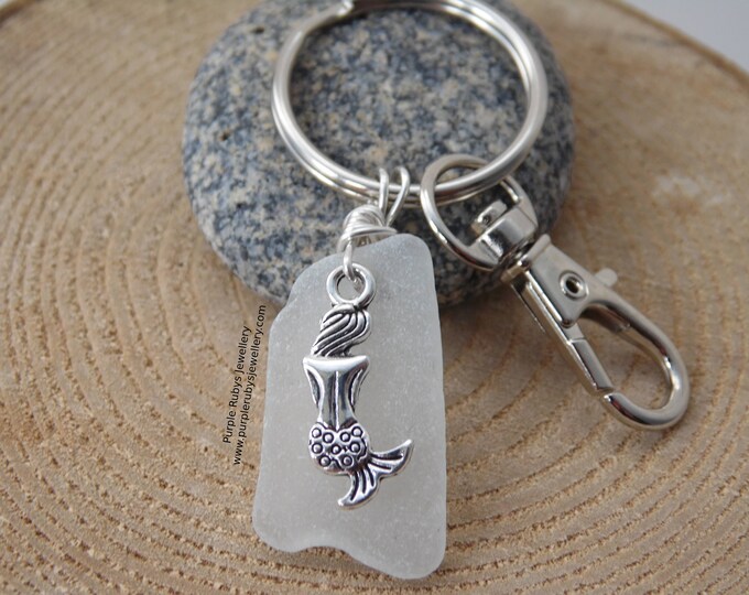 White Cornish Sea Glass with Mermaid Charm ~ Bag Charm ~ Key Ring