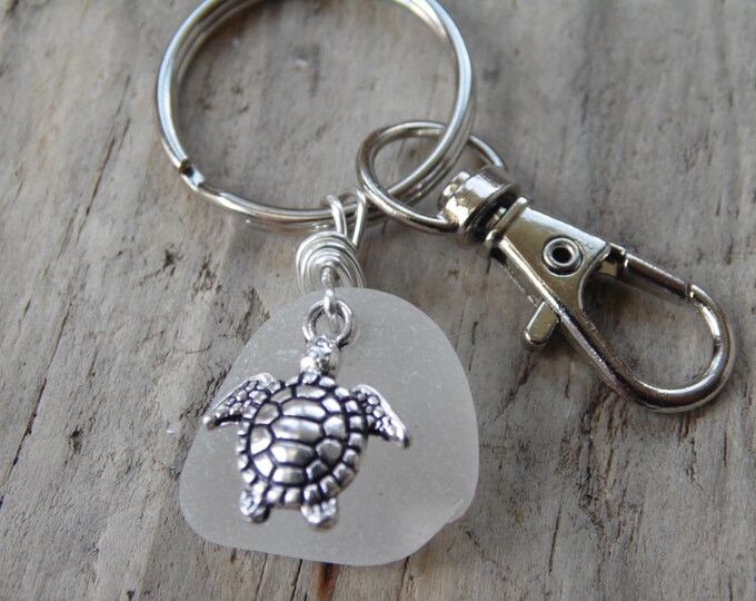 White Cornish Sea Glass with Turtle Charm Key Ring ~ Bag Charm