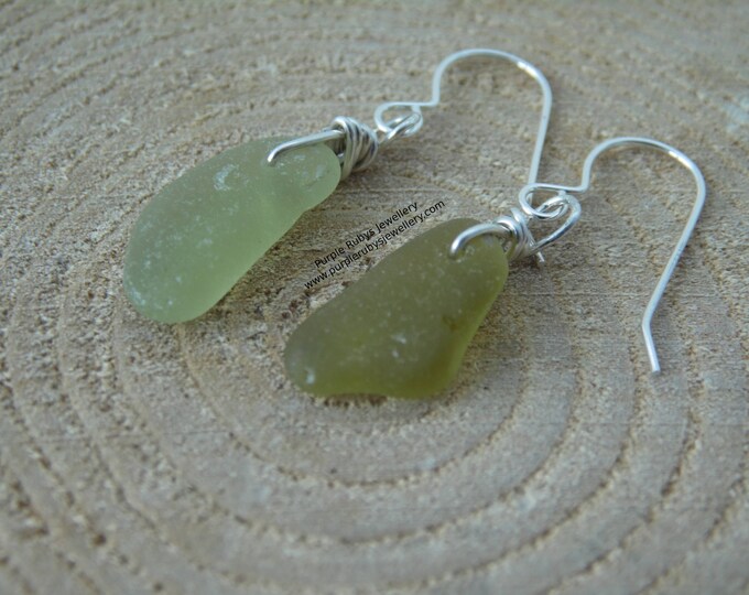 Light & Dark Mismatched Sage Green Mermaids Tears Cornish Sea Glass Earrings