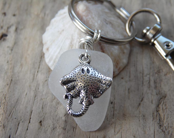 White Cornish Sea Glass with Stingray Charm Key Ring ~ Bag Charm