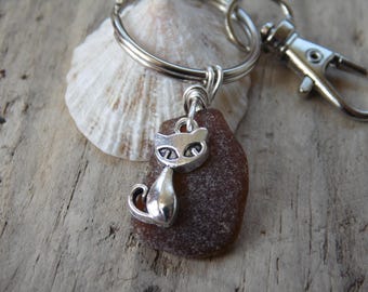 Amber Cornish Sea Glass with Cat Charm Key Ring ~ Bag Charm