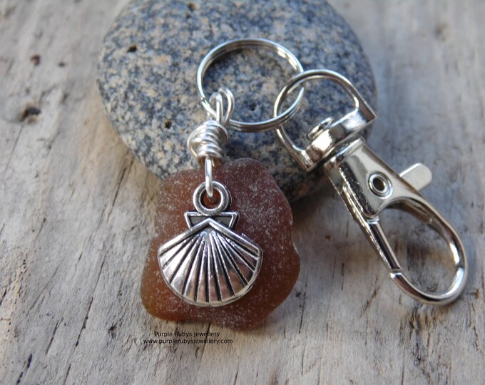 Amber Cornish Sea Glass with Seashell Charm ~ Bag Charm ~ Key Ring